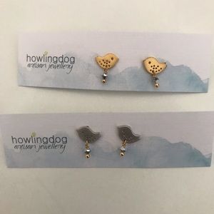 Howling Dog artisan stud earrings. Sterling silver. Canadian made.